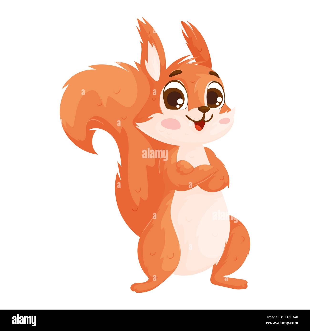 Ein niedliches Zeichentrickhörnchen mit selbstbewusster Pose, buschigem Schwanz, großen Augen und einem fröhlichen Ausdruck. Fröhliches Cartoon Eichhörnchen mit BI Stock Vektor