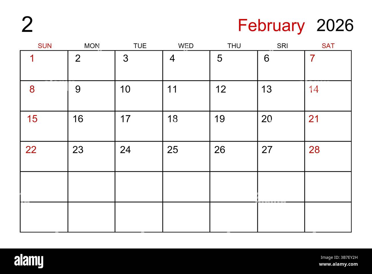 Leere weiße Kalenderseite für Februar 2026 für Ihren Termin. Stockfoto