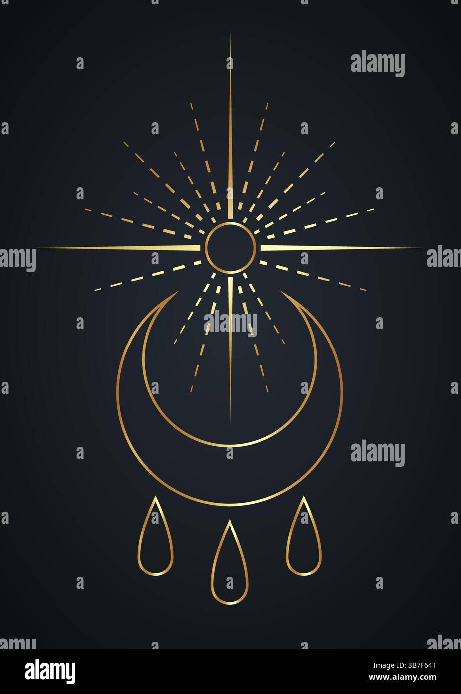 Gesegnetes Hexenzeichen und heilige Sonne, goldenes Symbol des Segens. Der Mond repräsentiert die Göttin in jeder Frau. Die drei Tropfen repräsentieren die Jungfrau Stock Vektor