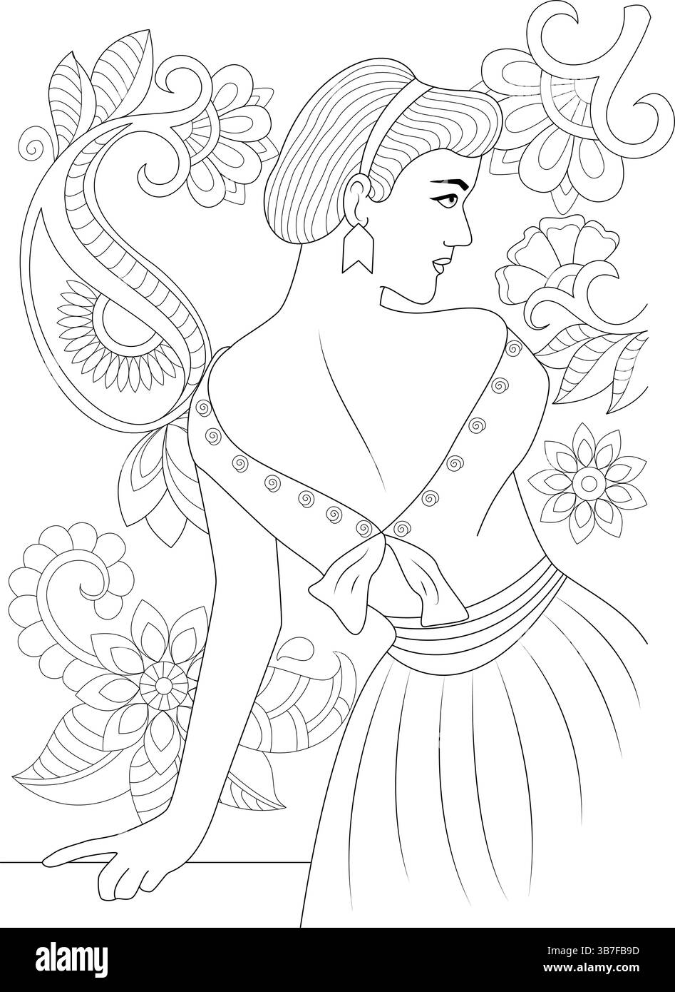Schwarz-weiße Strichgrafik-Illustration einer stilvollen Frau in einem typischen Kleid der 1950er Jahre, umgeben von dekorativen Blumen- und Paisley-Elementen. Su Stock Vektor