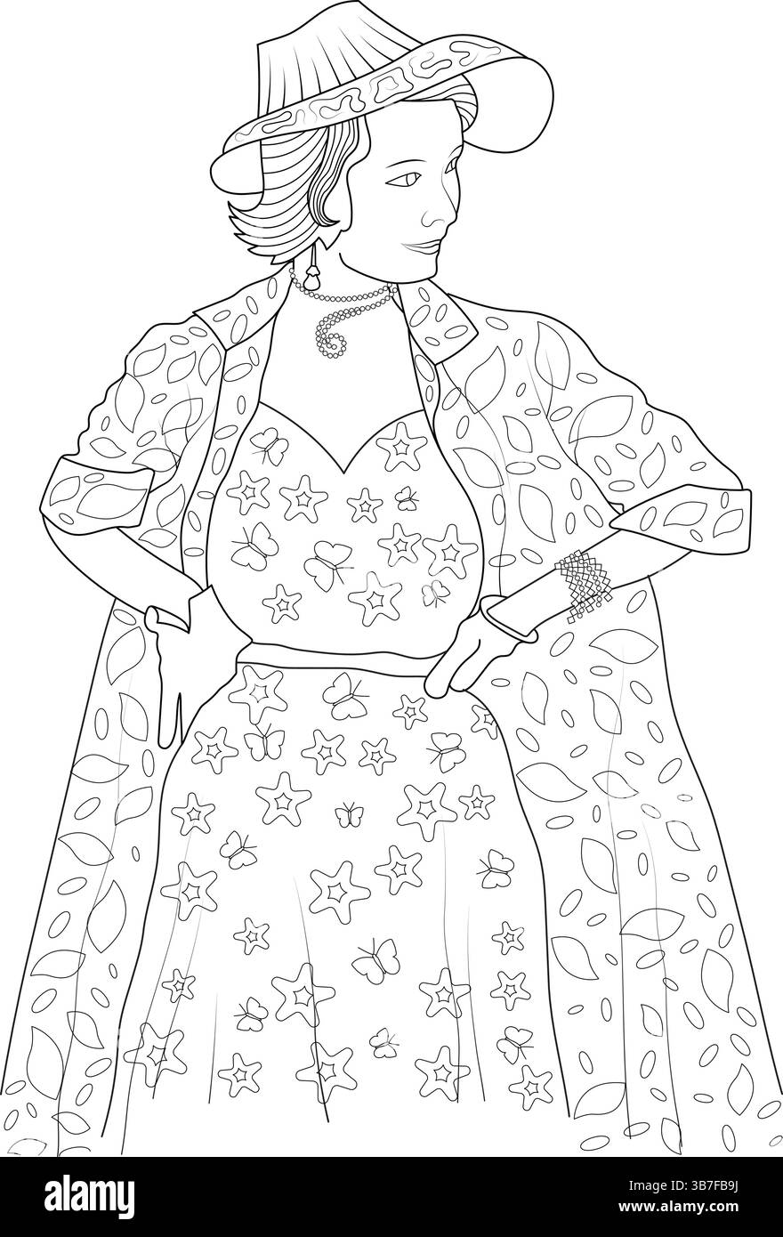Schwarz-weiße Strichgrafik-Illustration einer Frau in klassischer Mode der 1950er Jahre, mit einem stilvollen Hut, einem gemusterten Mantel und einem Kleid mit Sternen und Stock Vektor