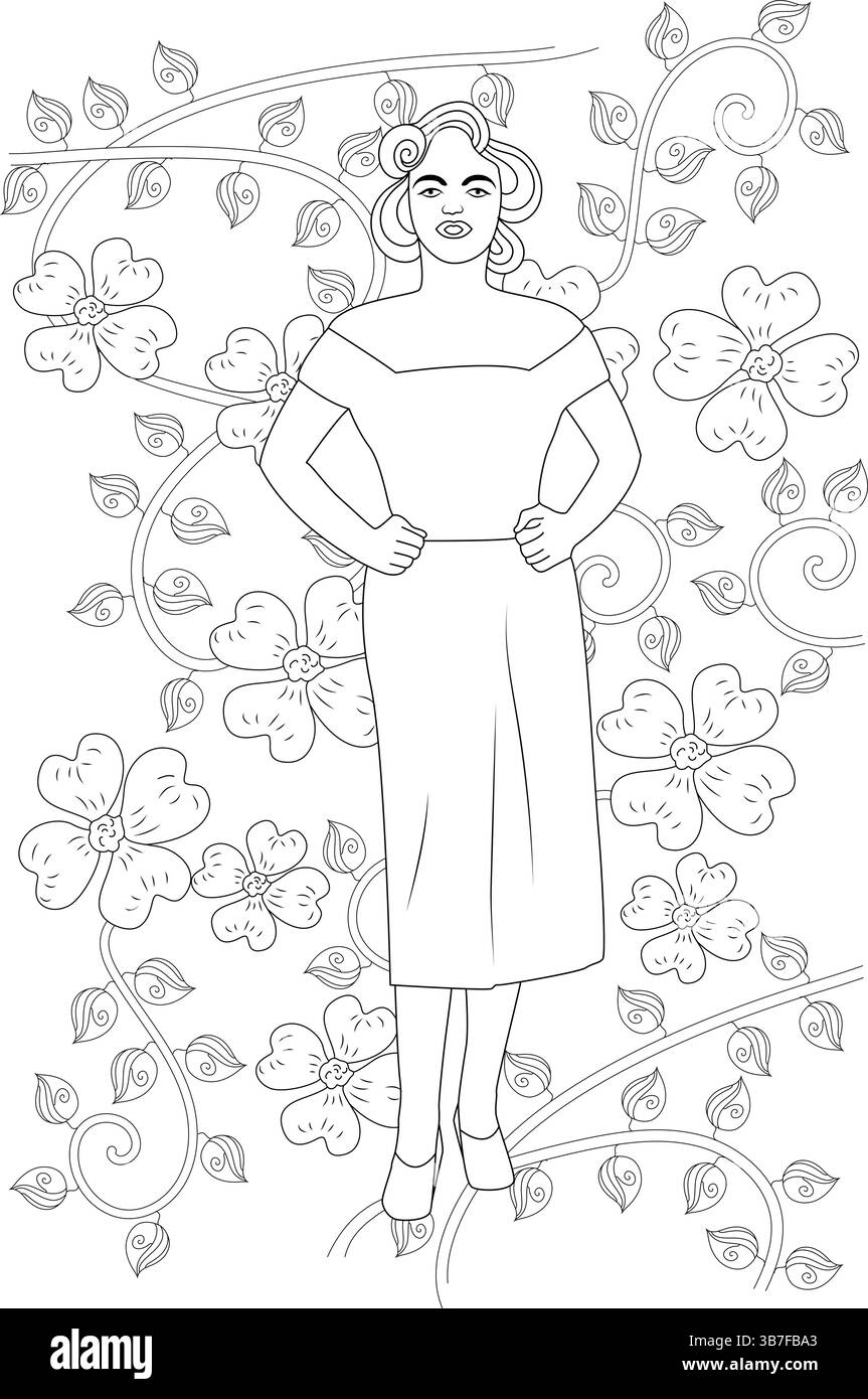 Strichgrafik-Illustration einer Frau, die ein klassisches Kleid mit einem schulterfreien Ausschnitt trägt, typisch für die Mode der 1950er Jahre, steht auf einem floralen Hintergrund. Stock Vektor