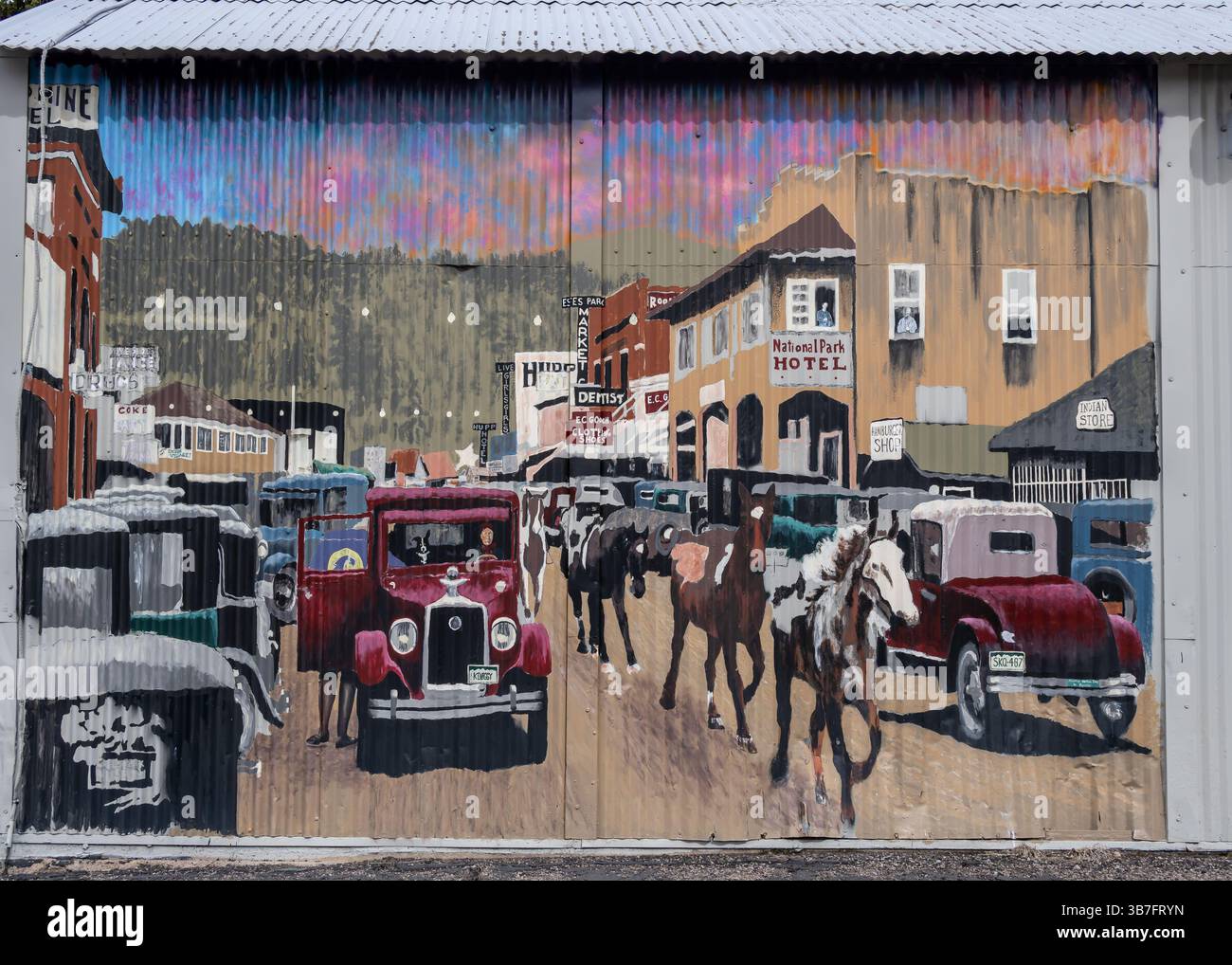 Wandgemälde „Downtown 100 Years ago“, Estes Park, Colorado. Stockfoto