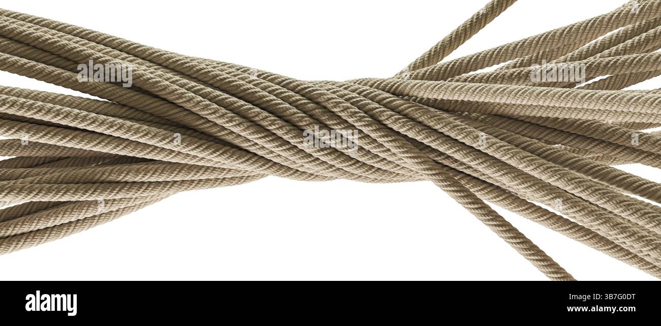Dickes beigefarbenes Seil gewickelt und kreuzt auf transparentem Hintergrund 3D Stockfoto