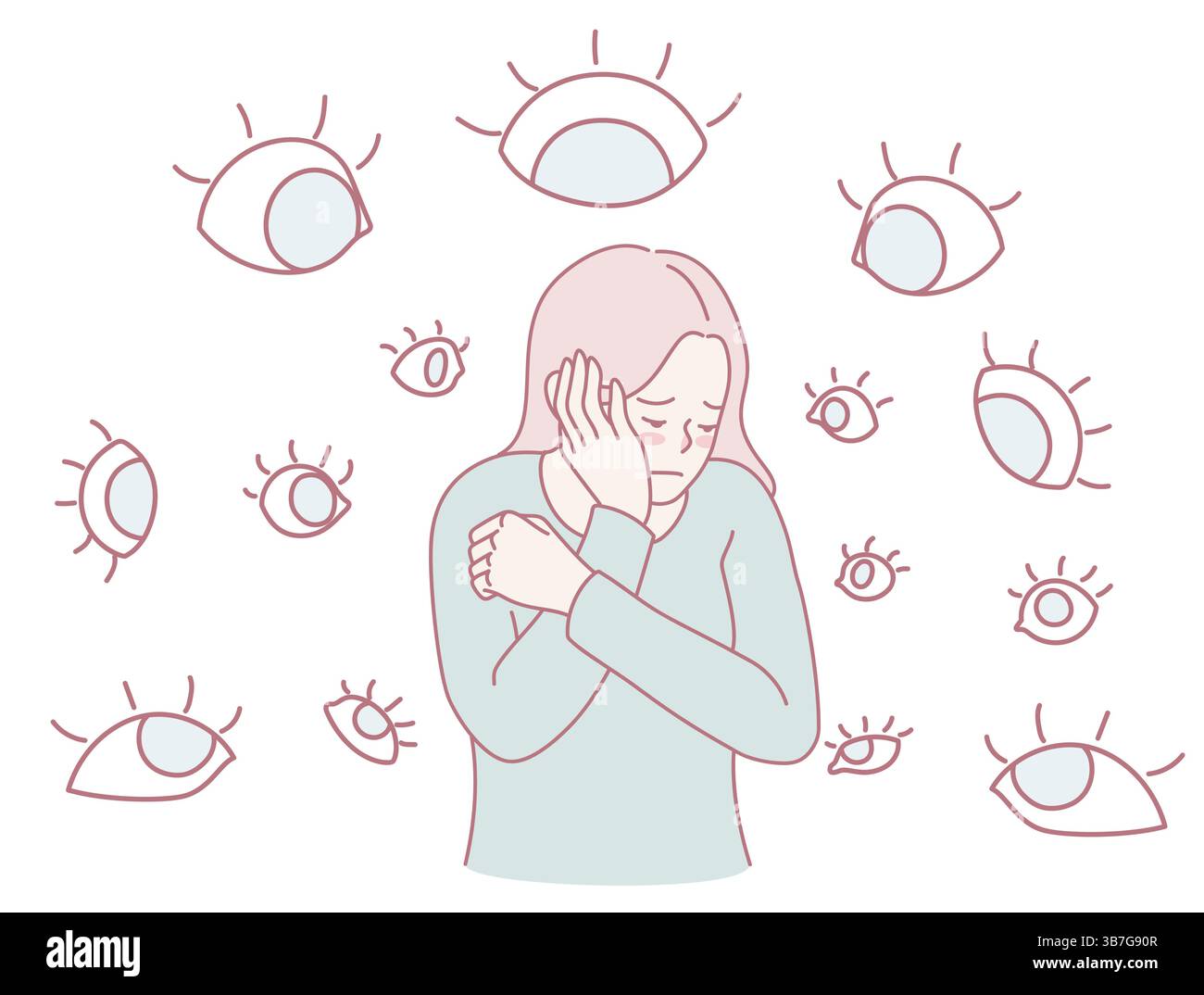 Eine Illustration einer beunruhigten Person, die sich ständig beobachtet fühlt und Angst und Selbstbewusstsein erfasst Stock Vektor