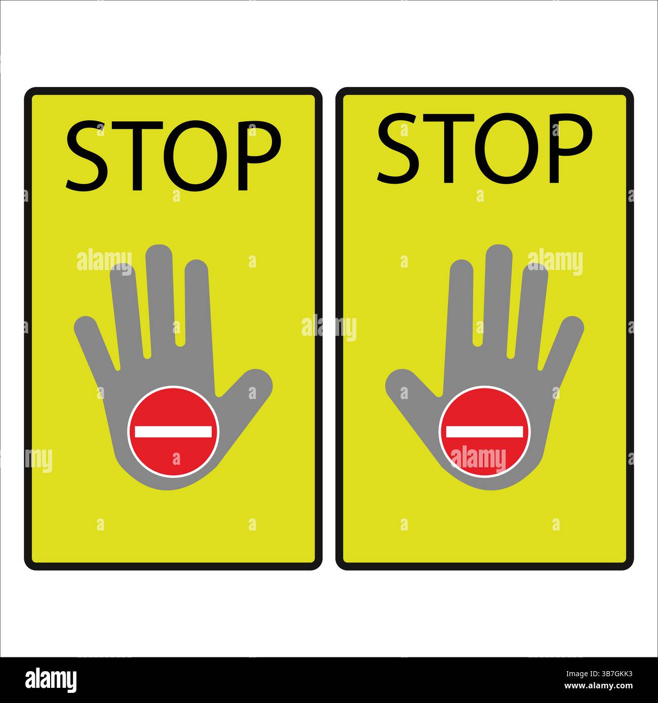 Zwei gelbe Stoppschilder, die Hände mit einem verbotenen Symbol zeigen, weisen darauf hin, dass der Zugang verweigert wird. Stock Vektor