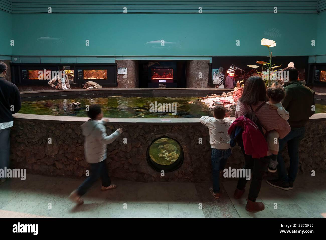 Die Familie genießt eine Innenausstellung mit einer zentralen Wasserschau mit vielfältiger Unterwasserwelt im Aquarium Aquário Vasco da Gama in Lissabon, Portugal Stockfoto
