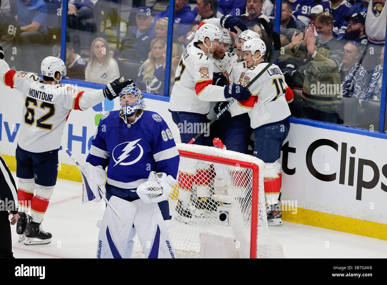 25. April 2024, Tampa, FL, USA: Die Spieler der Florida Panthers feiern am Donnerstag in Tampa ein Tor von Matthew Tkachuk. (Foto: © Luis Santana/Tampa Bay Times via ZUMA Press Wire) Stockfoto