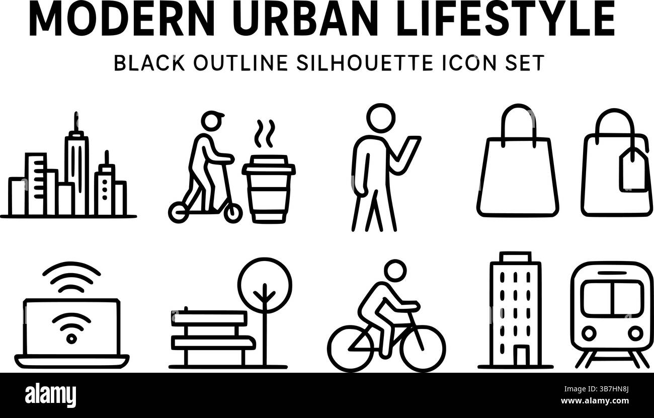 Modernes Urbanes Lifestyle-Symbol-Set – Stadtleben, Transport, Shopping, Technologie, Schwarze Silhouette Stock Vektor