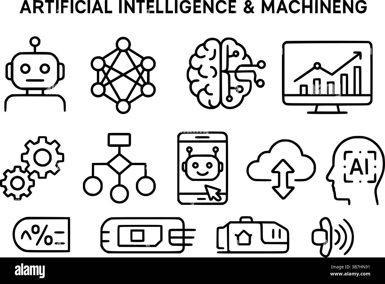 Satz der Zeilensymbole für künstliche Intelligenz und maschinelles Lernen Stock Vektor
