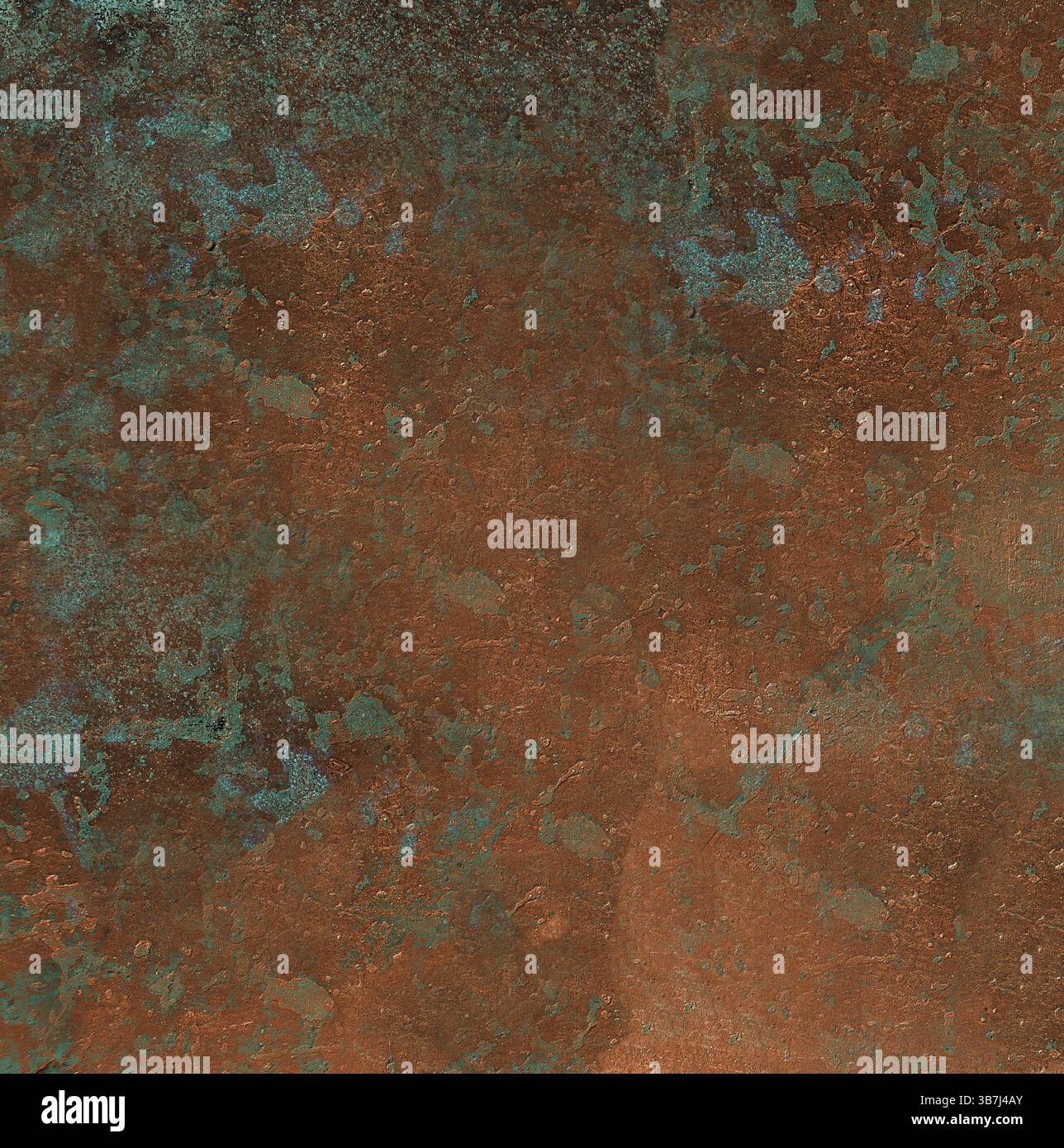 Nahaufnahme von Kupferblech oxidierend, zeigt Patina, die unregelmäßige grüne Flecken auf rötlich braunem Hintergrund bildet. Weißrussland Stockfoto