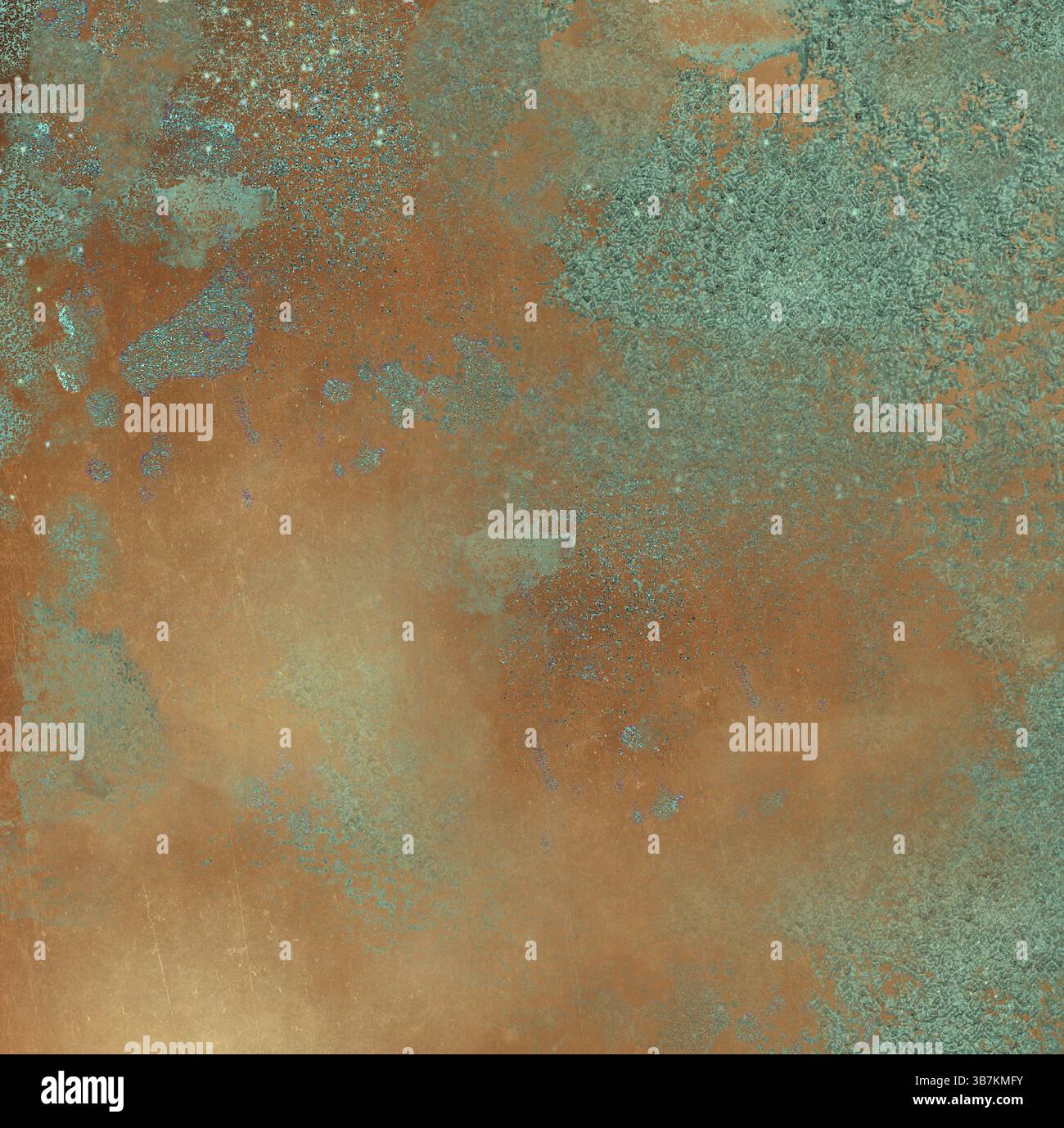 Oxidierende Kupferplatte mit abstraktem Patineffekt mit grünen Flecken auf braunem Hintergrund, geeignet für Hintergründe und Texturen. Weißrussland Stockfoto
