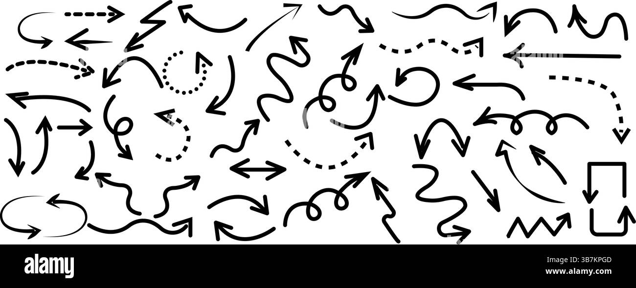 Große Sammlung handgezeichneter Bleistiftpfeile aus Holzkohle. Stock Vektor