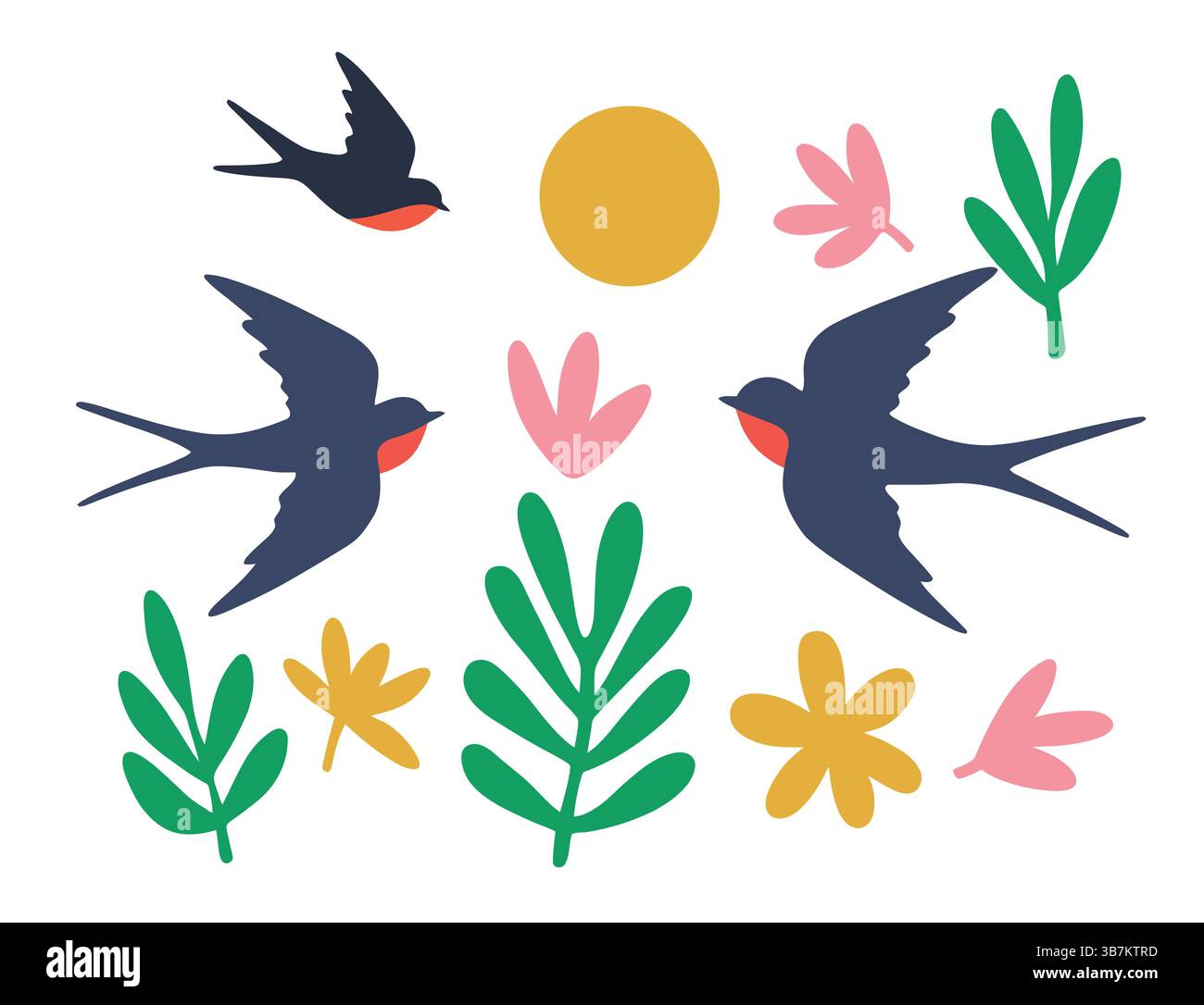 Bunte Schwalben und botanische Blumenvektor-Kunst, Illustration für Kinder Stock Vektor