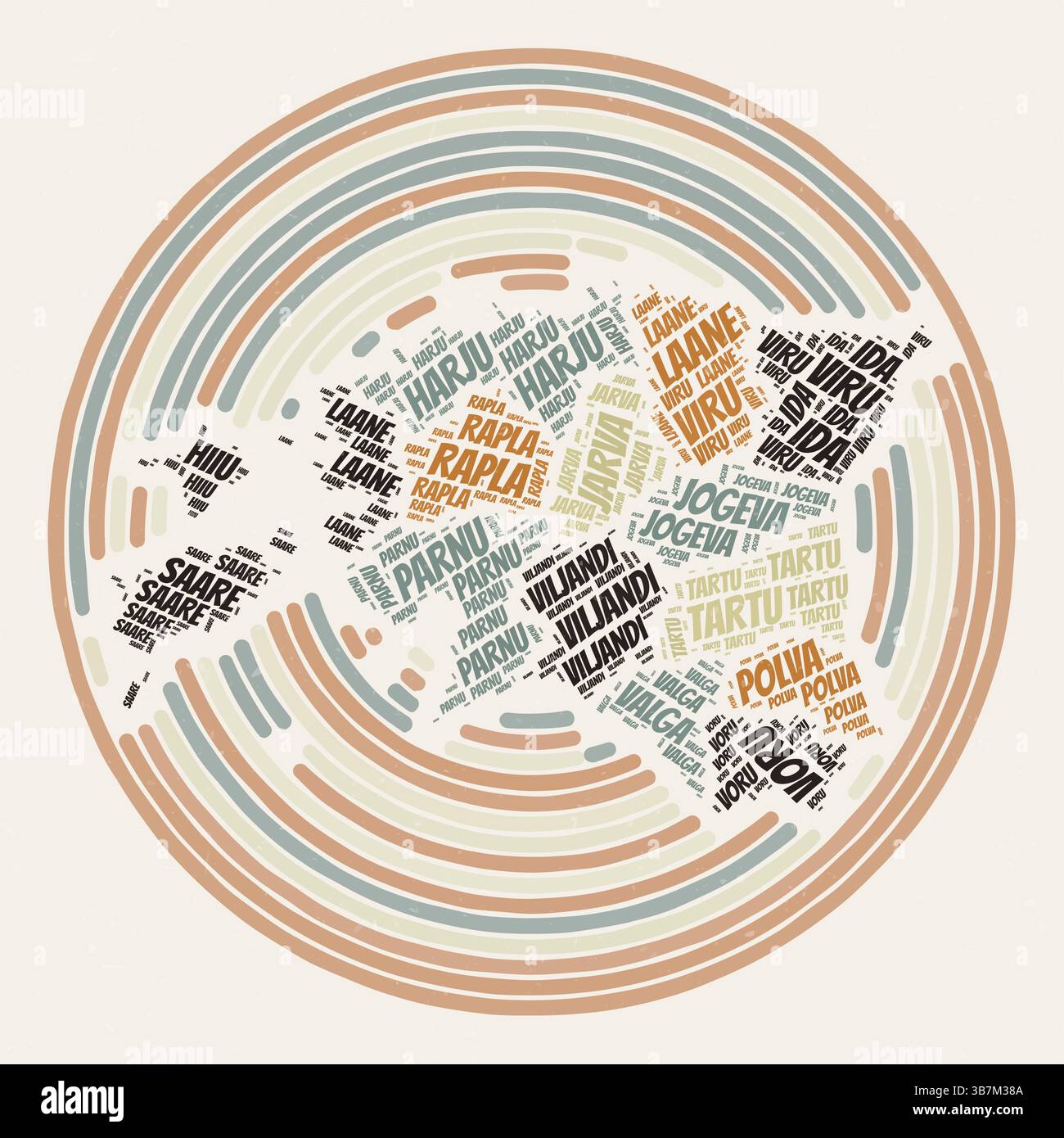 Poster Der Estnischen Runde. Typographische Darstellung des Landes. Regionen Wortwolken von Estland. Vintage-Design mit Kratzstruktur. Stock Vektor