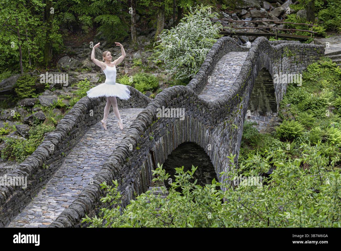 Ballerina in einem weißen Tutu posiert anmutig auf einer geschwungenen Steinbrücke, umgeben von grüner Natur, Ponte dei Salti, Verzasca Valley, Lavertezzo, Bezirk Stockfoto
