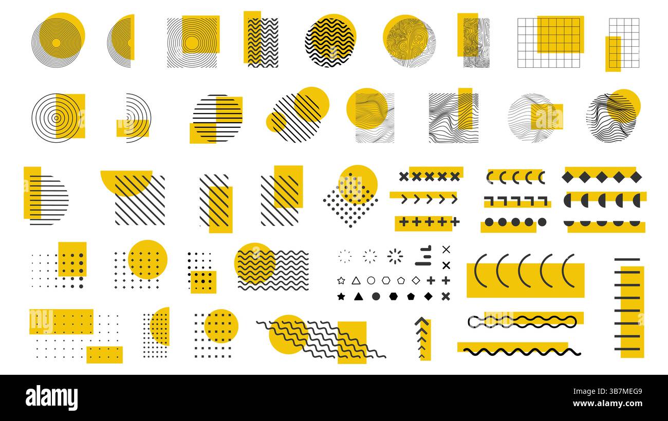 Vektorabbildung. Paket mit linearen flachen Designelementen für Poster, Cover, Rahmen, Anzeigen, Flyer, Faltblatt, Geschenk oder Visitenkarte. Einfache Strichgrafik Stock Vektor