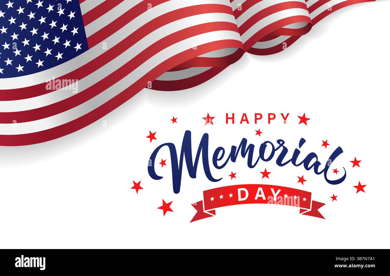 Memorial Day-Banner mit schwenkender US-Flagge. Denken Sie daran und würdigen Sie das Clipart mit kreativen Schriftzügen für die Gedenkfeier-Vorlage. Vektorabbildung Stock Vektor