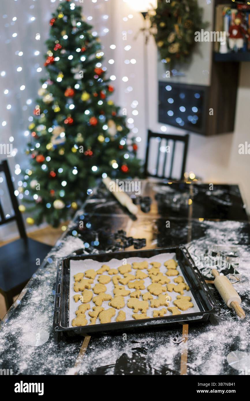Rohe Kekse liegen auf Backpapier in einem Tablett auf einem bemehlten Tisch neben dem Weihnachtsbaum. Stockfoto