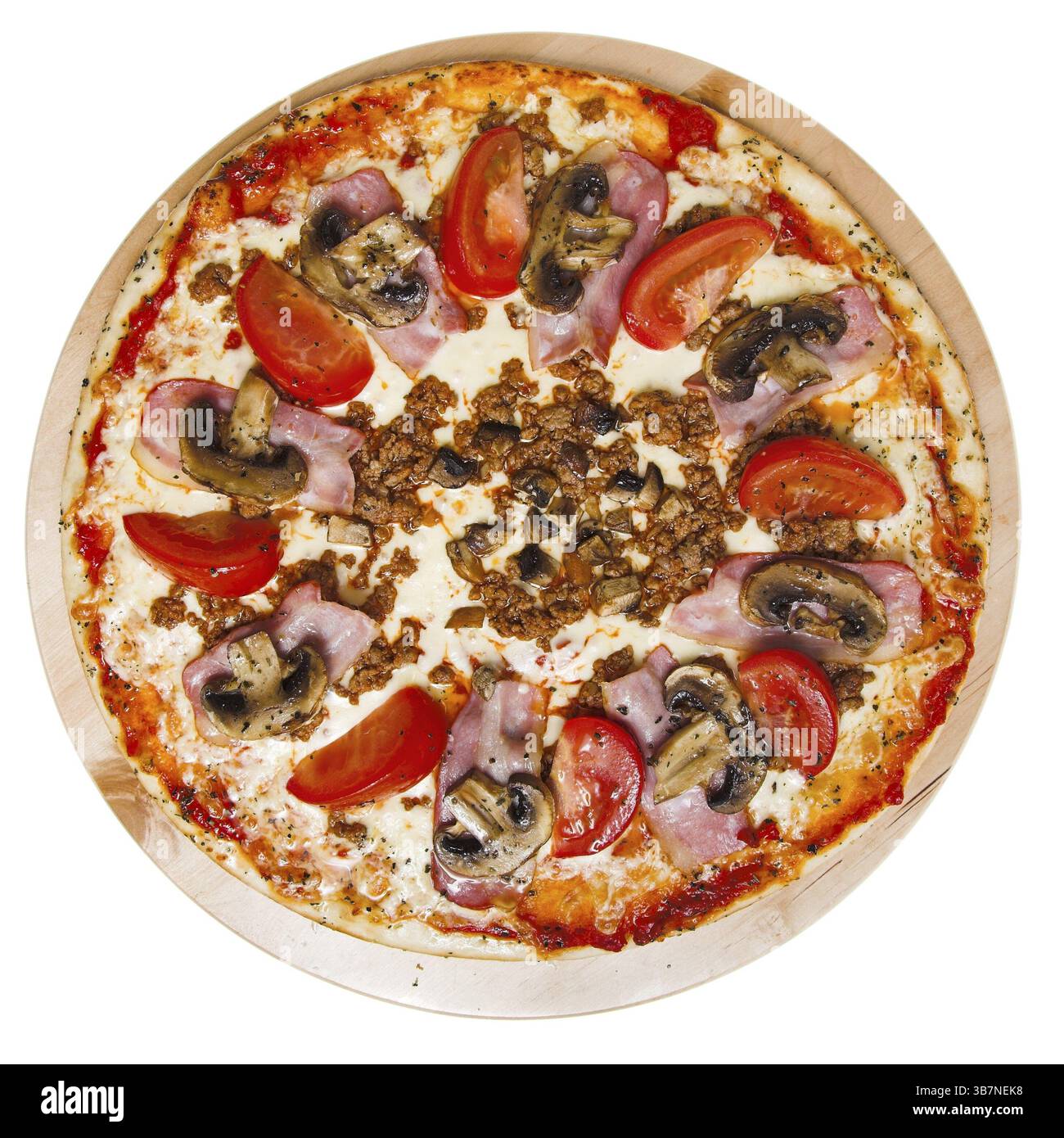 Pizza mit Schinken auf weißem Hintergrund Stockfoto