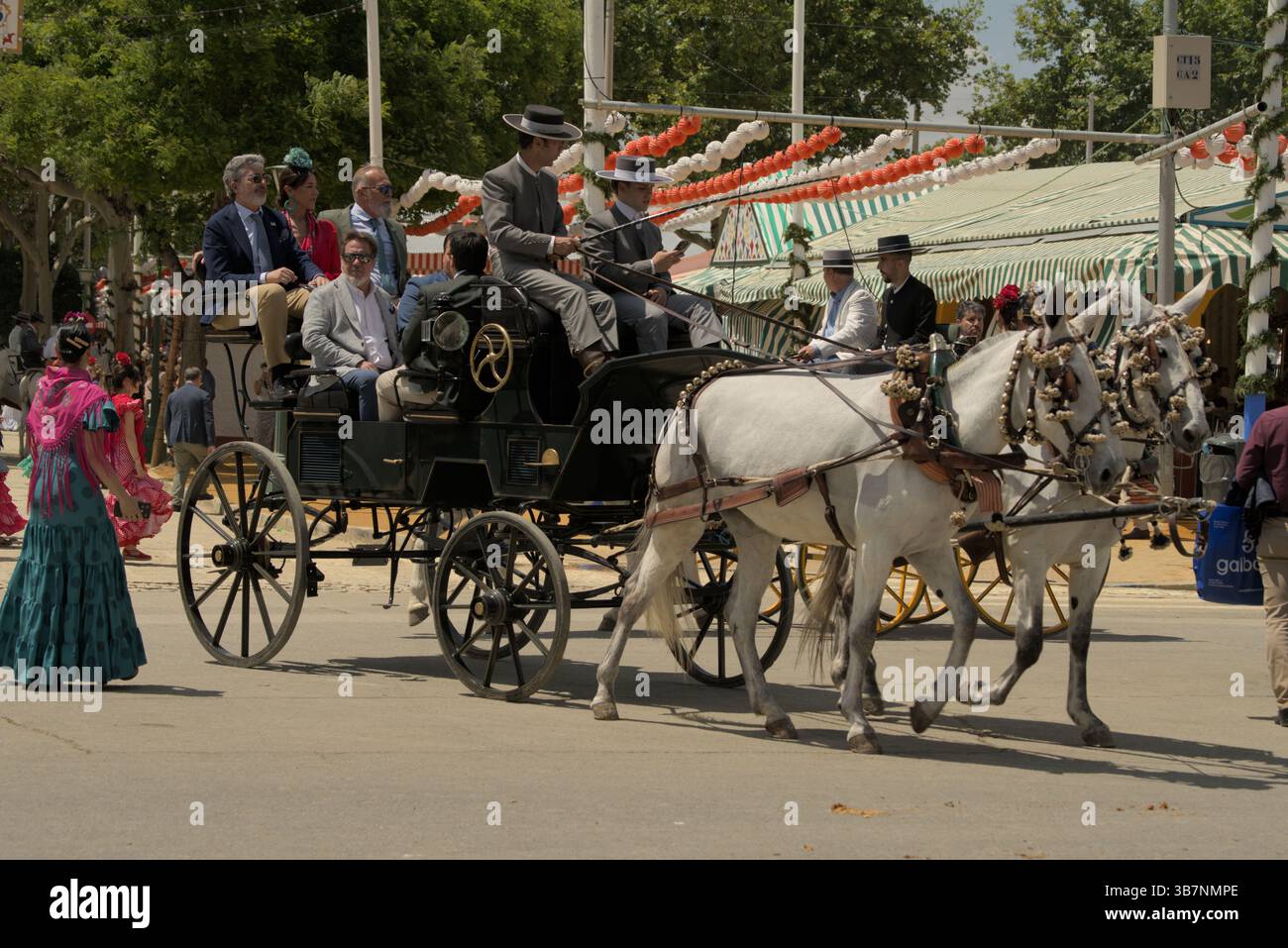 Elegante Pferdekutschenparade mit andalusischen Reitern in La Feria de Sevilla 2025 unter festlichen Laternen. Feria de Sevilla, Spanien Stockfoto