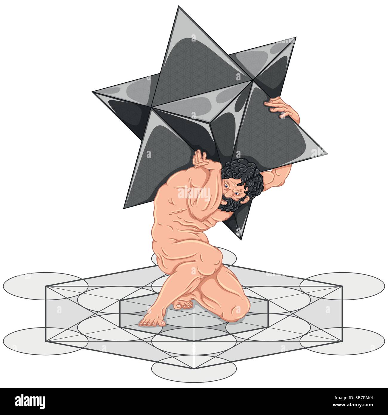 Titan Atlas mit Merkaba-Symbol auf seinen Schultern und mit Metatron, titan der griechischen Mythologie mit heiliger Geometrie Stock Vektor