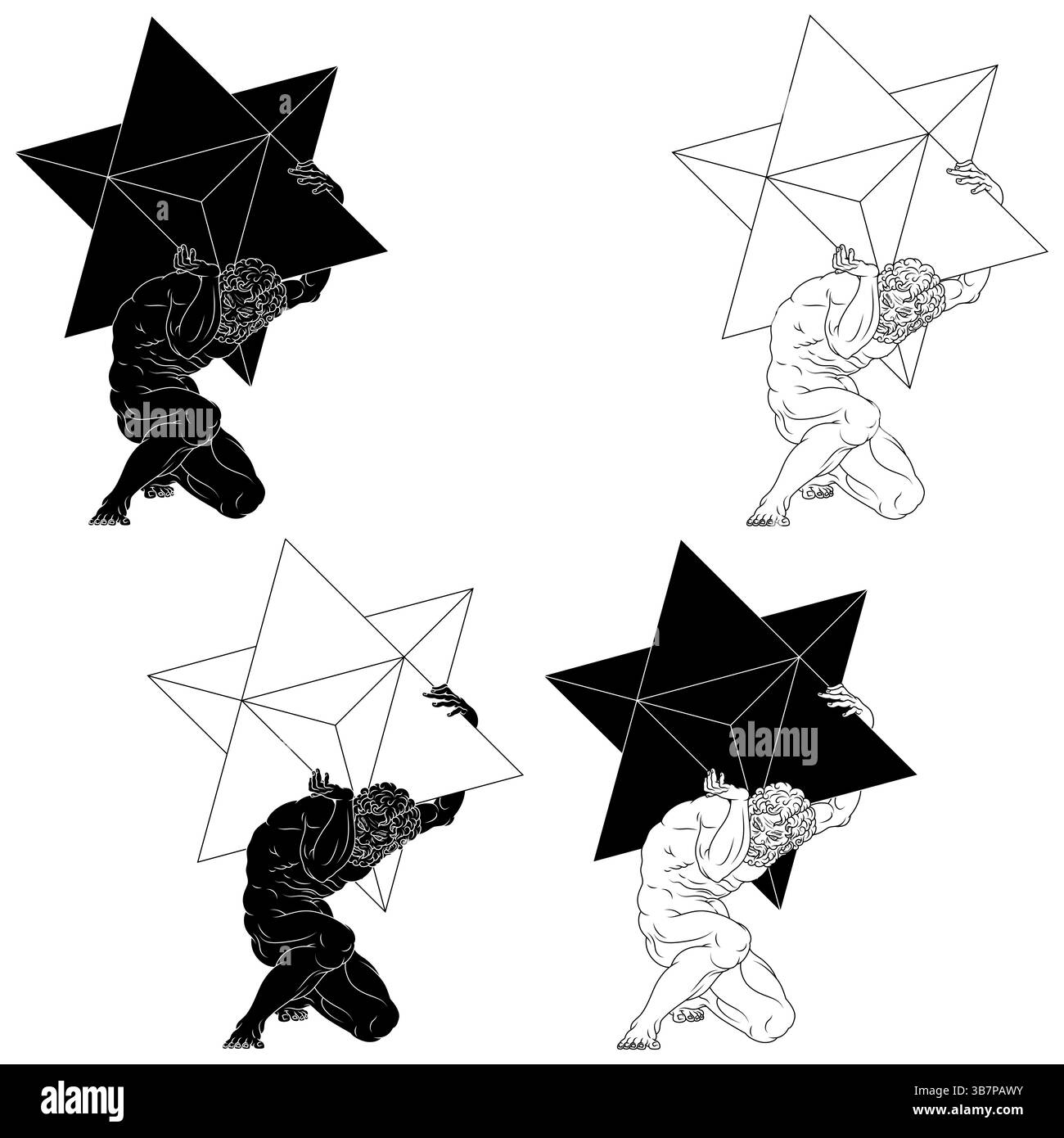 Titan Atlas mit Merkaba-Symbol auf seinen Schultern und mit Metatron, titan der griechischen Mythologie mit heiliger Geometrie Stock Vektor