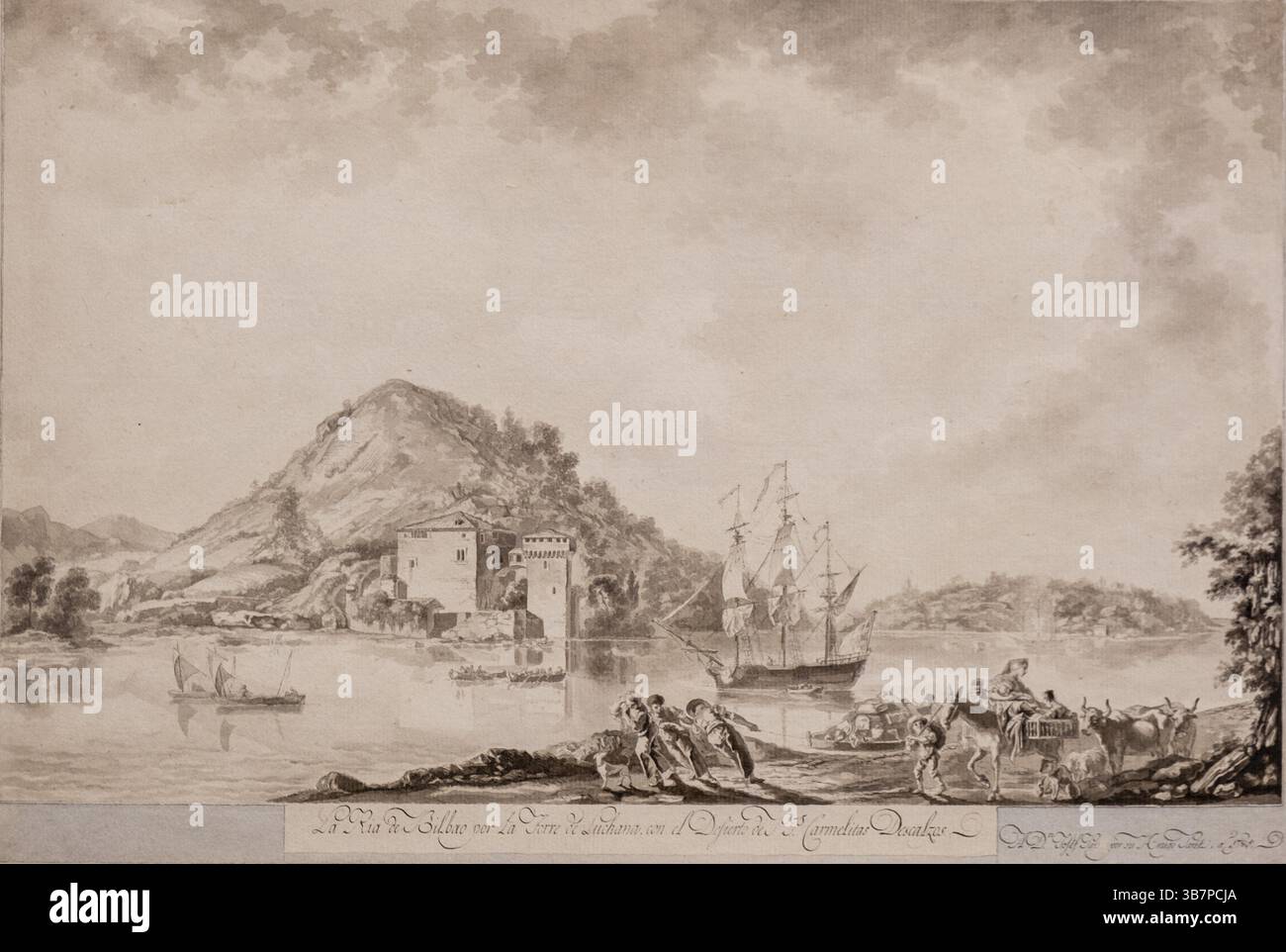 Die Mündung von Bilbao durch den Luchana-Turm mit der PS Carmelitas Descalzos Wüste. Luis Paret, 1785, Tinte und Kohle auf Papier, Museo de Bellas Ar Stockfoto
