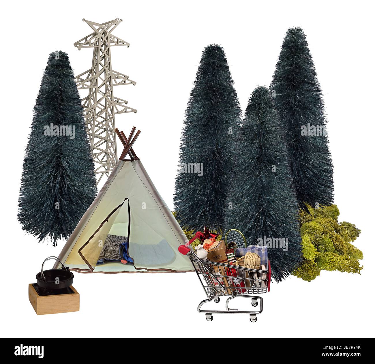 Heimatloses Camping Zelt und Schlafsack zum Campen in der Wildnis zwischen Bäumen und Stromleitungen, während die Natur vom Menschen übernommen wird Stockfoto