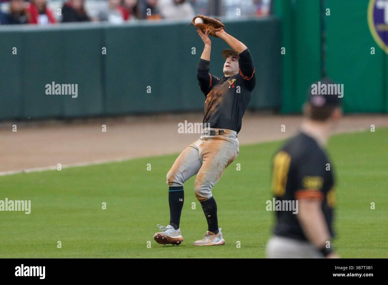 16. Februar 2024: VMI's Ty Swaim (14) macht einen Fang während der NCAA Baseball-Action zwischen den VMI Keydets und den LSU Tigers im Alex Box Stadium, Skip Bertman Field in Baton Rouge, LA. Jonathan Mailhes/CSM (Kreditbild: © Jonathan Mailhes/CSM via ZUMA Press Wire) Stockfoto