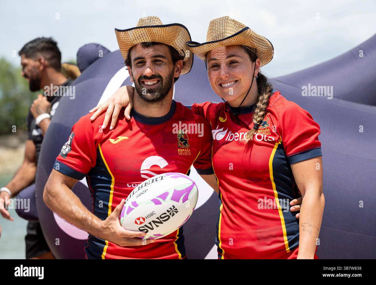 März 30, 2024, Singapur, Singapur: World Rugby HSBC SVNS Singapore Sevens Captains Foto. Alle qualifizierten Kapitän des Teams Singapur Sevens treffen sich auf Siloso Beach Sentosa vor diesem weekendÃs-Wettbewerb. Spanier Männer und Frauen Kapitäne. (Bild: © Jayne Russell/ZUMA Press Wire) Stockfoto