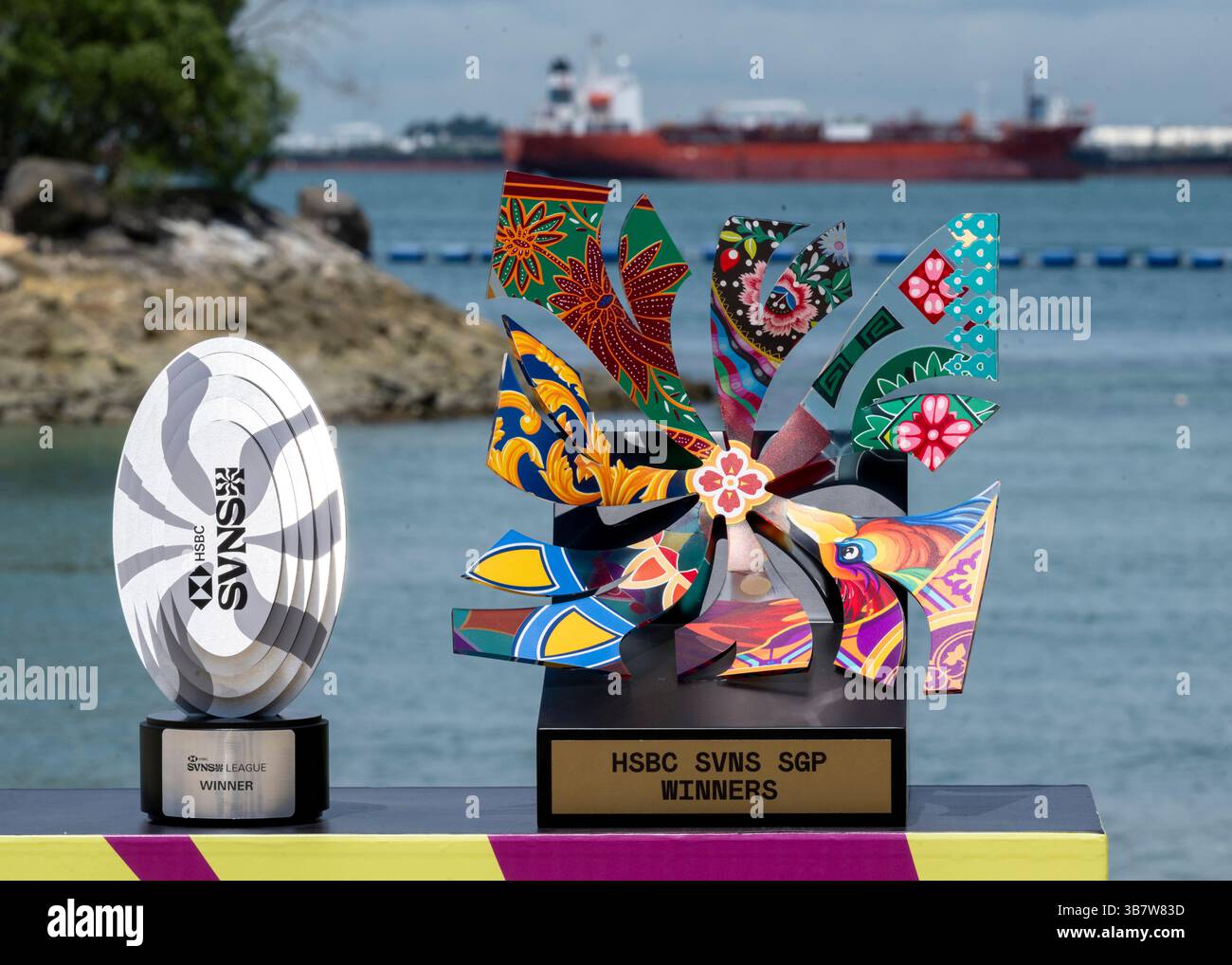 März 30, 2024, Singapur, Singapur: World Rugby HSBC SVNS Singapore Sevens Captains Foto. Alle qualifizierten Kapitän des Teams Singapur Sevens treffen sich auf Siloso Beach Sentosa vor diesem weekendÃs-Wettbewerb. (Bild: © Jayne Russell/ZUMA Press Wire) Stockfoto