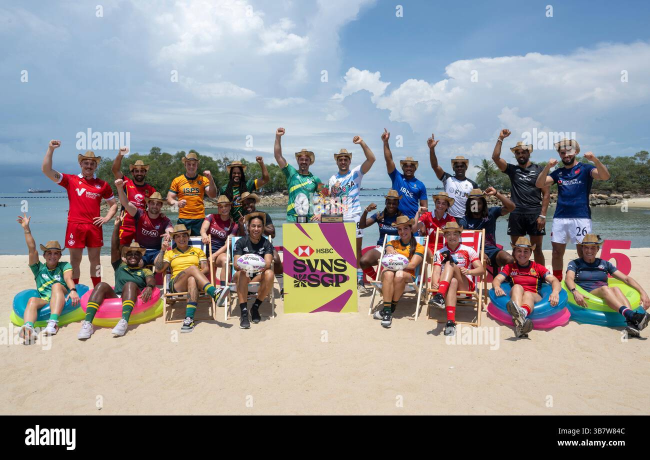 März 30, 2024, Singapur, Singapur: World Rugby HSBC SVNS Singapore Sevens Captains Foto. Alle qualifizierten Kapitän des Teams Singapur Sevens treffen sich auf Siloso Beach Sentosa vor diesem Wettbewerb weekendâ. (Bild: © Jayne Russell/ZUMA Press Wire) Stockfoto