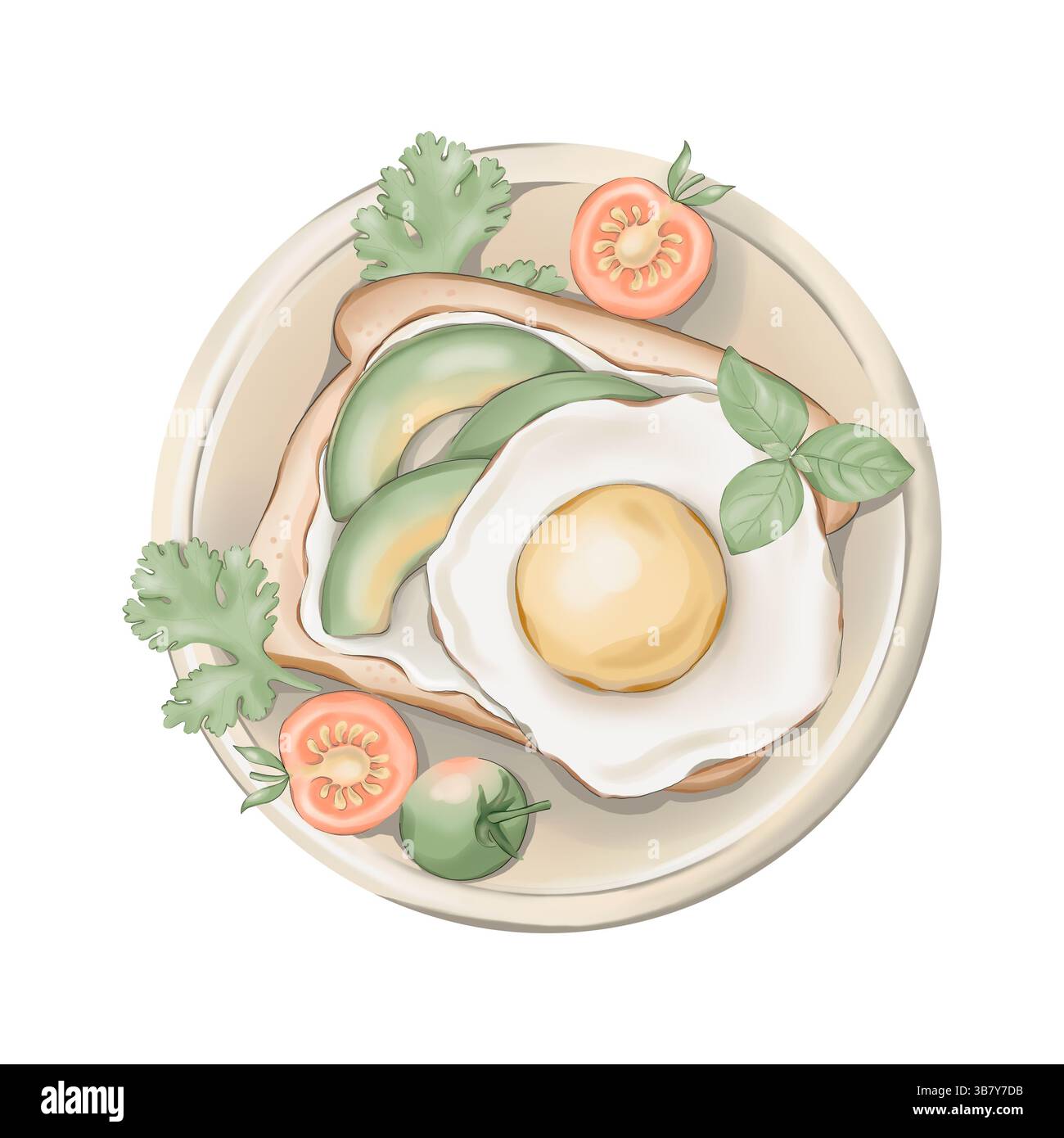 Essensillustration mit Eiertoast und Tomaten Stockfoto