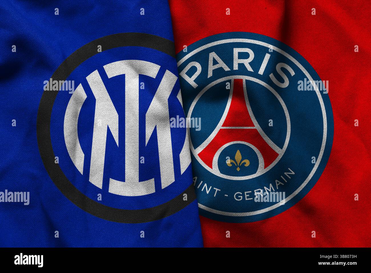 Pringsewu, Lampung; 05. Mai 2025; Textur des Logos des Inter Mailand-Fußballvereins mit dem Konzept des FC Paris Saint Germain, Stockfoto