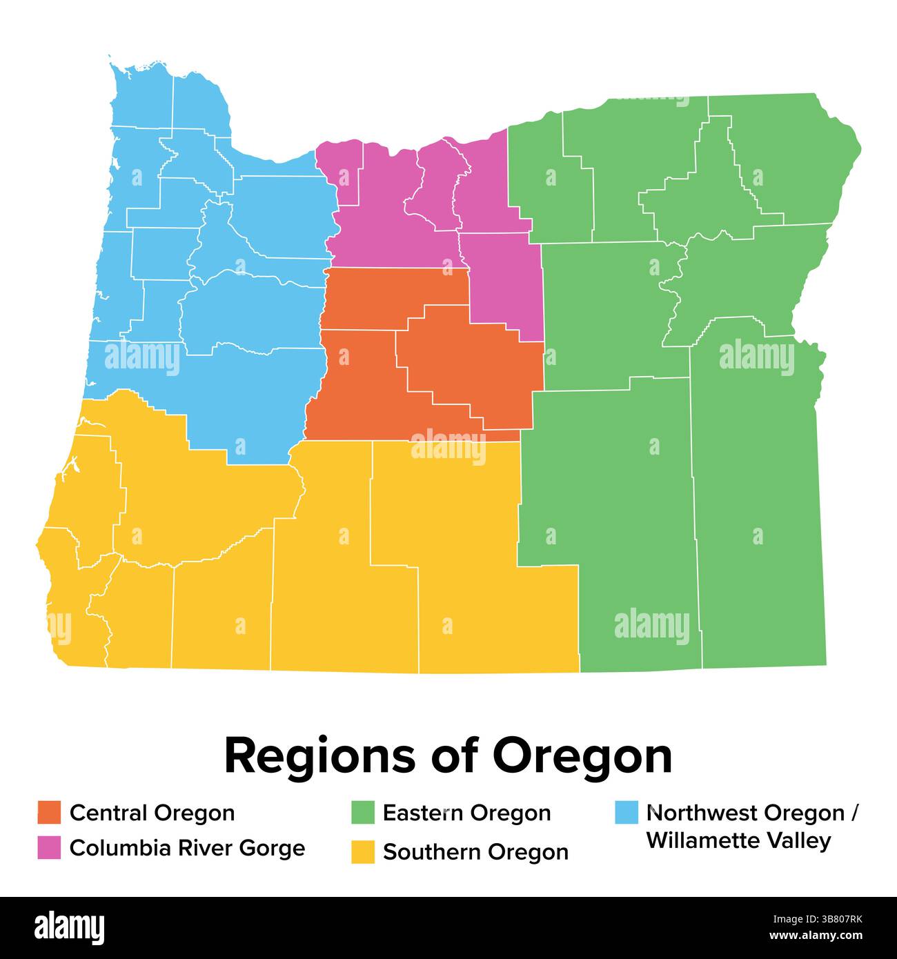 Die wichtigsten Regionen von Oregon, politische Karte. Bundesstaat im Pazifischen Nordwesten der USA, unterteilt in fünf Regionen. Stockfoto