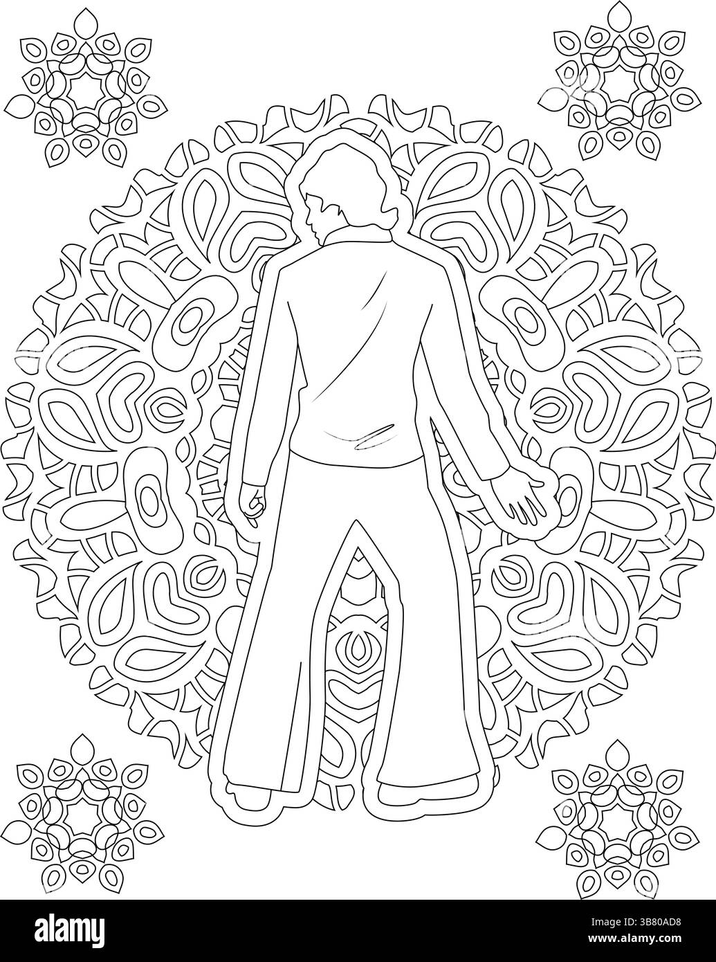 Schwarz-weiße Strichgrafik-Illustration mit einer Person in typischer Mode der 1970er Jahre, einschließlich einer Jacke und einer Glockenhose, die eine Pose mit Mand zeigt Stock Vektor