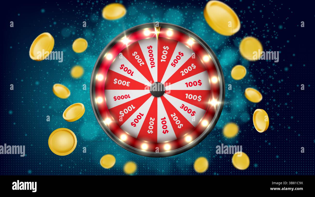 Casino-Raddrehung mit fliegenden Münze - Glücksspielgerät. Rote und weiße Sektoren mit Preisbeträgen, glänzenden Metallrahmen, Gewinnspieldrehscheibe umgeben von schwebenden, glühenden Goldchips oder Geld. Stock Vektor