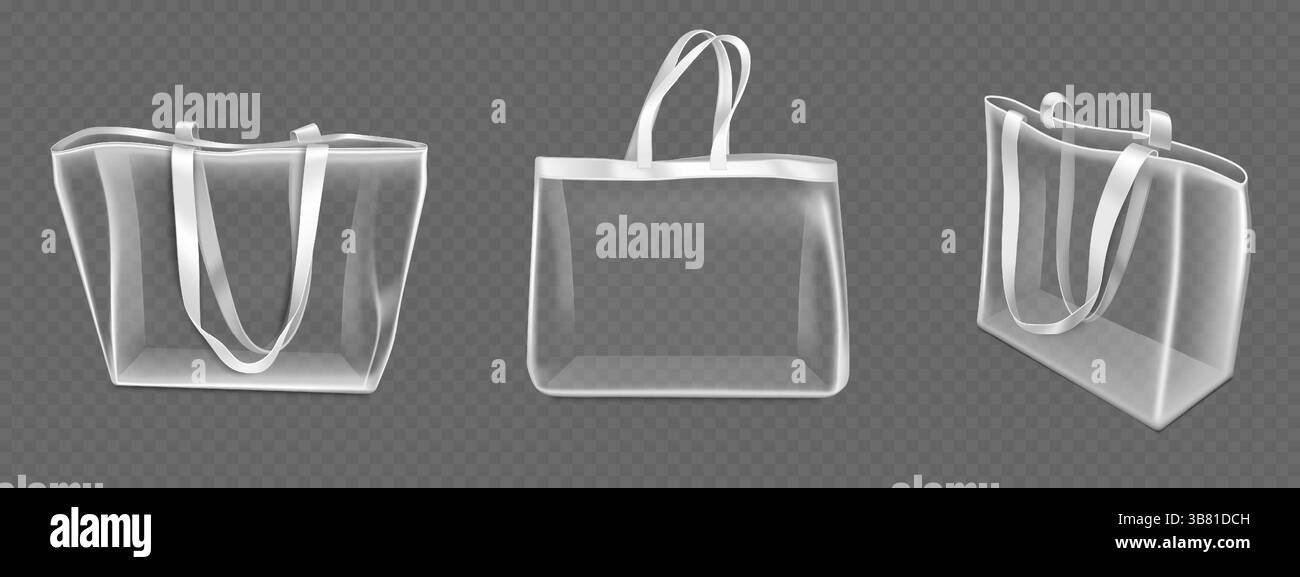 Transparente Tragetaschen Mockup-Set - großes Einkaufspaket, mittelgroßer Geschenksack, Handtaschenbeutel. Kollektion mit durchsichtigen Reißverschlusstaschen aus Kunststoff. Tragetasche in verschiedenen Winkeln für Verpackungsdesign. Stock Vektor