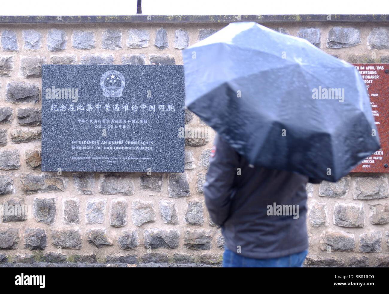 Wien, Österreich. Mai 2025. Ein Mann sieht ein Denkmal zu Ehren der chinesischen Opfer in der KZ-Gedenkstätte Mauthausen in Oberösterreich, Österreich, 5. Mai 2025. Das Konzentrationslager Mauthausen war das erste Konzentrationslager, das von Nazi-Deutschland im Ausland errichtet wurde. Sie wurde im August 1938 erbaut und im Mai 1945 von den alliierten Truppen befreit. Nach dem Zweiten Weltkrieg wurde das Lager in ein Museum umgewandelt. Jedes Jahr wurde eine Zeremonie zur Ehrung der Opfer des NS-Deutschlands abgehalten. Quelle: He Canling/Xinhua/Alamy Live News Stockfoto