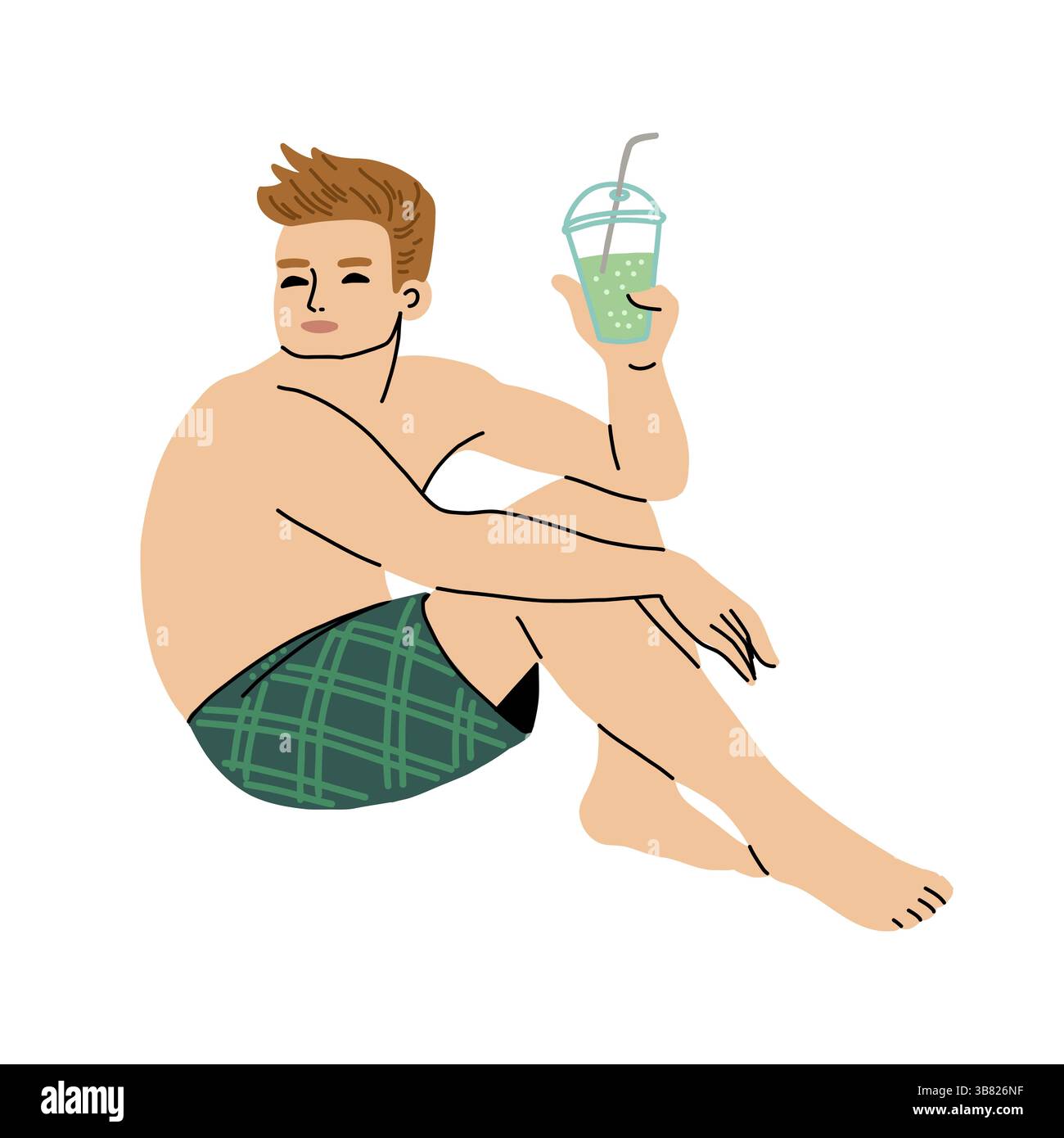 Mann, der sich mit einem Cocktail in Shorts on Beach entspannt Stock Vektor