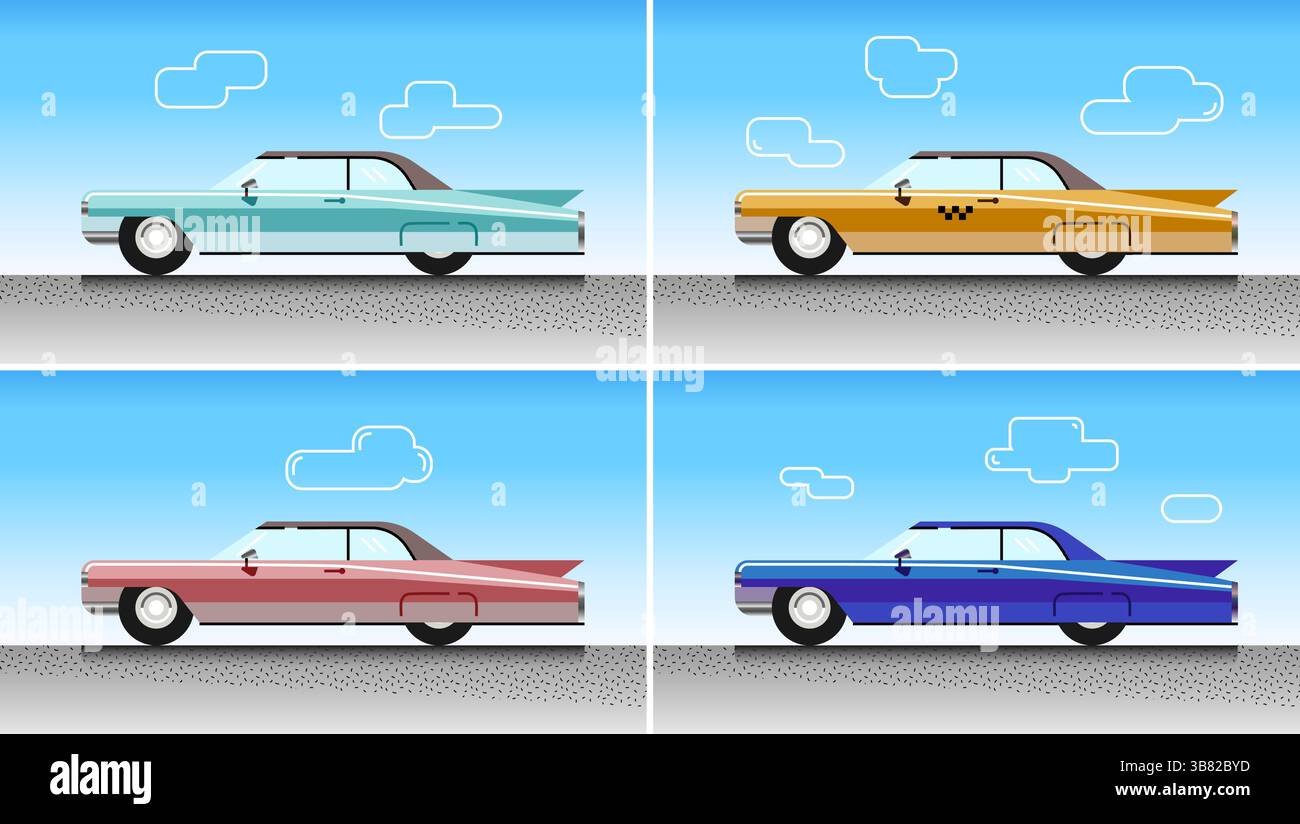Farbenfrohe Retro-Classic-Fahrzeuge mit Taxi in verschiedenen Designs und Sky-Background-Display Stock Vektor