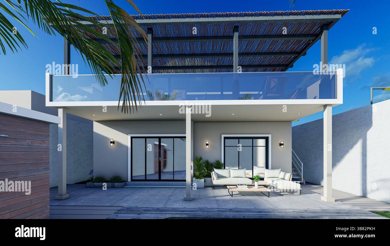 Elegantes, modernes Duplex-Haus mit Reetdach, Glasbalkongeländern, minimalistischen Säulen-Stützen und einer luxuriösen Outdoor Lounge mit Sto Stockfoto