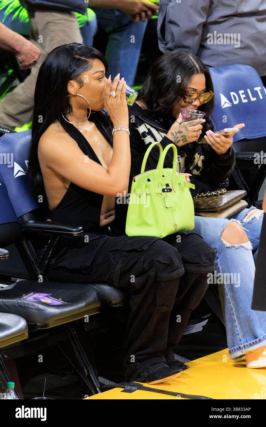 7. April 2024, Los Angeles, Kalifornien, USA: Megan Thee Stallion besucht das NBA-Spiel zwischen den Los Angeles Lakers und den Minnesota Timberwolves am Sonntag, 7. April 2024 in der Crypto.com Arena in Los Angeles, Kalifornien. JAVIER ROJAS/PI (Foto: © PI via ZUMA Press Wire) Stockfoto