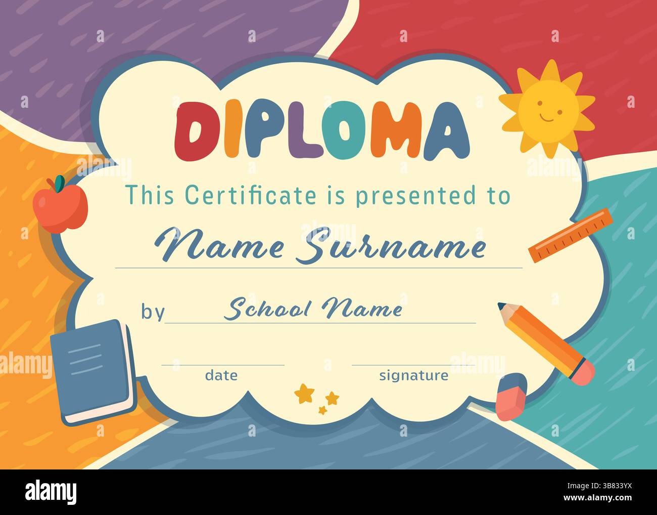 Kindergarten-Diplom-Zertifikatvorlage mit Cloud-Schule liefert Sonne und farbenfrohen Hintergrund Stock Vektor Kindergarten-Diplom-Zertifikatvorlage mit Cloud-Schule liefert Sonne und farbenfrohen Hintergrund Stock Vektor