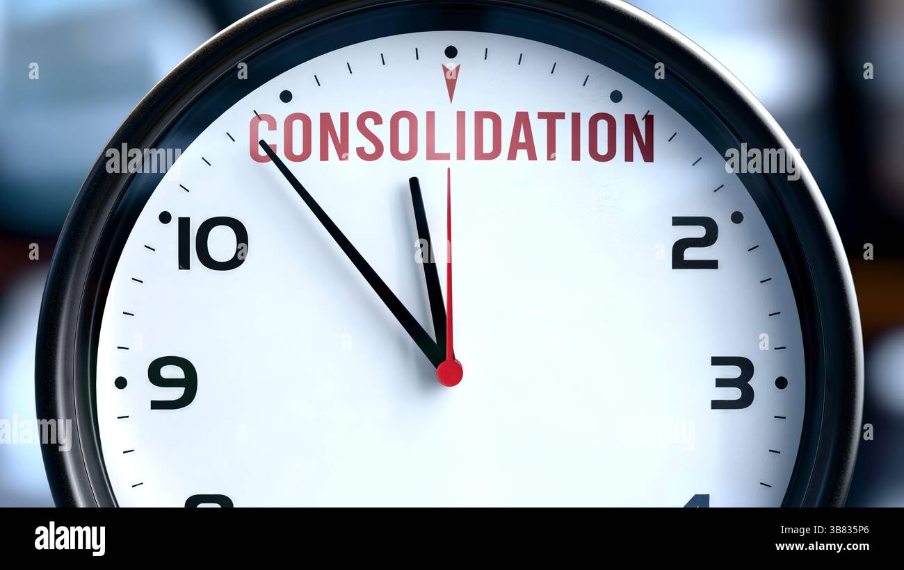 Konsolidierung, die bald stattfinden wird, sie steht kurz bevor. Eingehender Konsolidierungen, die sich in naher Zukunft nähern. Konsolidierung ist fast schon da. Stockfoto