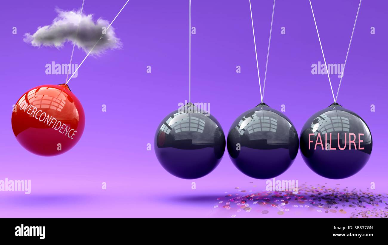 Übermäßiges Selbstvertrauen führt zum Scheitern. Eine Metapher für die Newton-Wiege, die zeigt, wie übermäßiges Vertrauen einen Ausfall auslöst. Ursache-Wirkungs-Beziehung zwischen ihnen. Bösartig Stockfoto