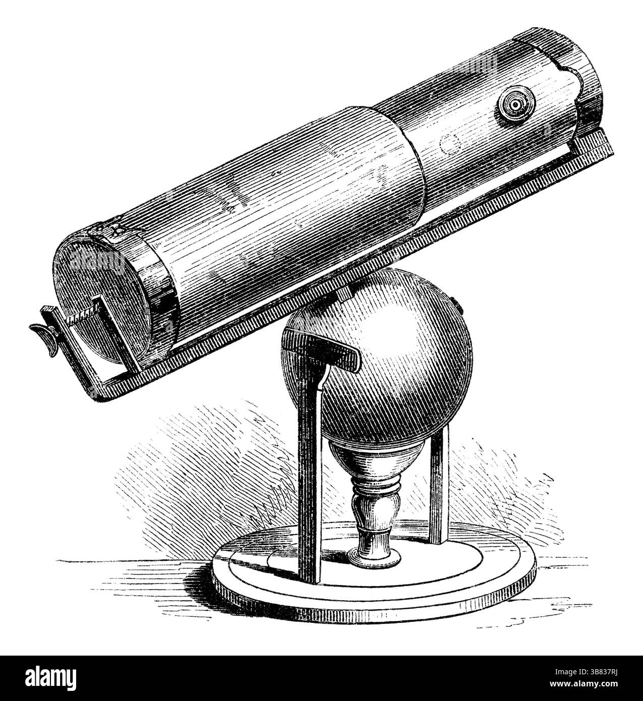 Vintage 1854 Gravur des ersten reflektierenden Teleskops, entworfen und hergestellt von Sir Isaac Newton im Jahr 1668. Stockfoto