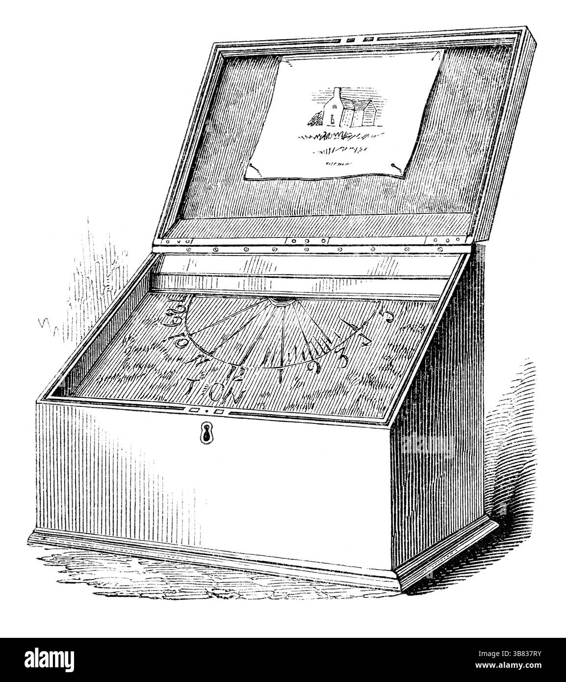 Vintage 1854 Gravur von Sir Isaac Newtons Solarzifferblatt. Stockfoto