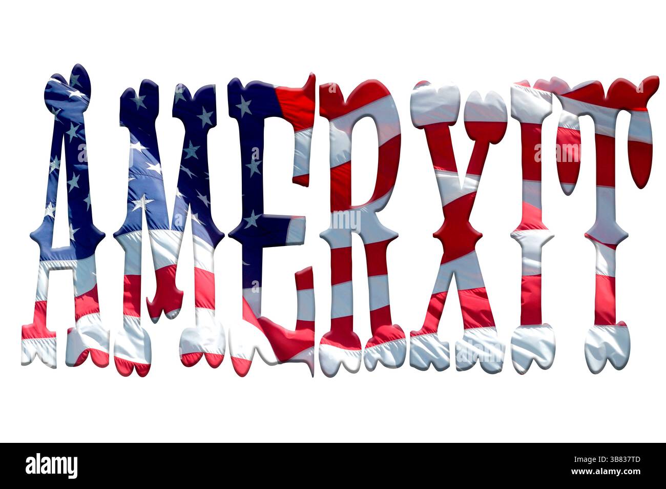 Digitales Composite. Das Wort Amerxit mit einer Überlagerung der amerikanischen Flagge von Stars and Stripes. Mit dem Präsidenten Donald Trump, der die USA leitet und Zölle verhängt und sie dann aussetzt und sie dann erneut auferlegt usw. Neben anderen feindlichen Politiken wird Amerika zu einem zunehmend riskanteren Vorschlag für diejenigen, die mit dem Land handeln wollen. Handel, Politik, Binnenschiffsmast, Alternativen, Stockfoto